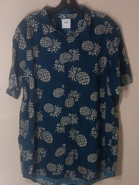 Burton Meanswear London Blue Pineapple Print Short-Sleeve Button-Down Shirt XXL